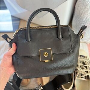 Tory Burch Black Leather Top-Handle Satchel with Gold Hardware